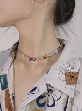 明星同款千花琉璃珠锁骨链女