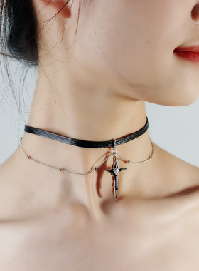锆石钛钢choker十字架脖带朋克