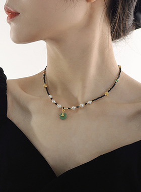 复古黑尖晶玉环项链锁骨链