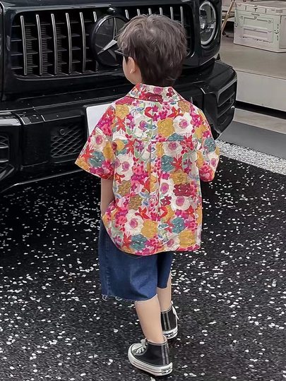 潮复古短袖花衬衫亲子装夏季粉色印花宽松设计感小众中大童装上衣