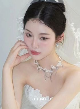 欧美夸张珍珠流苏项链气质轻奢锁骨链ins优雅高级感新娘婚纱项饰