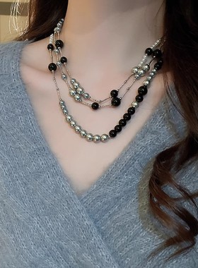 小众长款仿珍珠拼接多层叠戴项链时尚高档轻奢甜美气质百搭锁骨