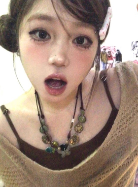 vintage波西米亚风绿色项链中古感双生蝴蝶锁骨链独特古着风颈链