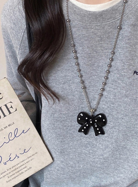 韩系黑色波点蝴蝶结珍珠项链女高级感长款毛衣链小众设计百搭配饰