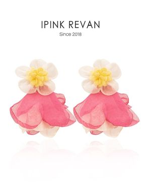 超显白度假风花朵轻纱耳环女显脸瘦圆脸耳钉夸张仙女风花朵耳饰