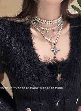 巴洛克珍珠项链chocker轻奢小众设计十字架多层颈链锁骨链vintage