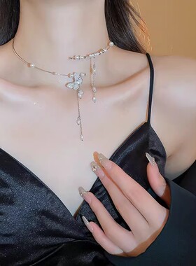 银色蝴蝶珍珠流苏项圈女2025新款爆款choker项链轻奢高级感颈链