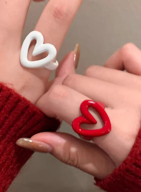 显白红色滴釉爱心戒指女2025年新款可调节食指戒新年小众设计指环