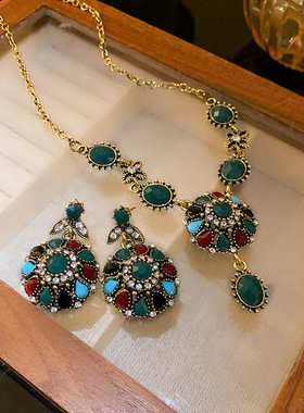 时尚气质镶钻中古花朵耳环项链