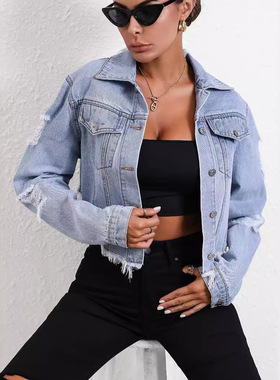 39-35705# Women's Ins Casual Loose Ripped Short Denim Jacket