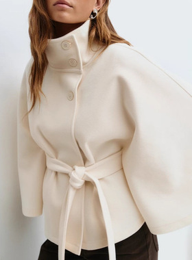 Women's Fashionable Solid lor Cloak Stand llar Button Belt J
