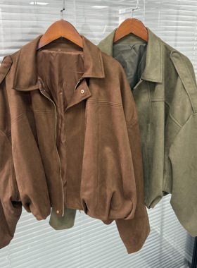 In Stock Women's Retro Suede Jacket Lapel Zipper Jacket