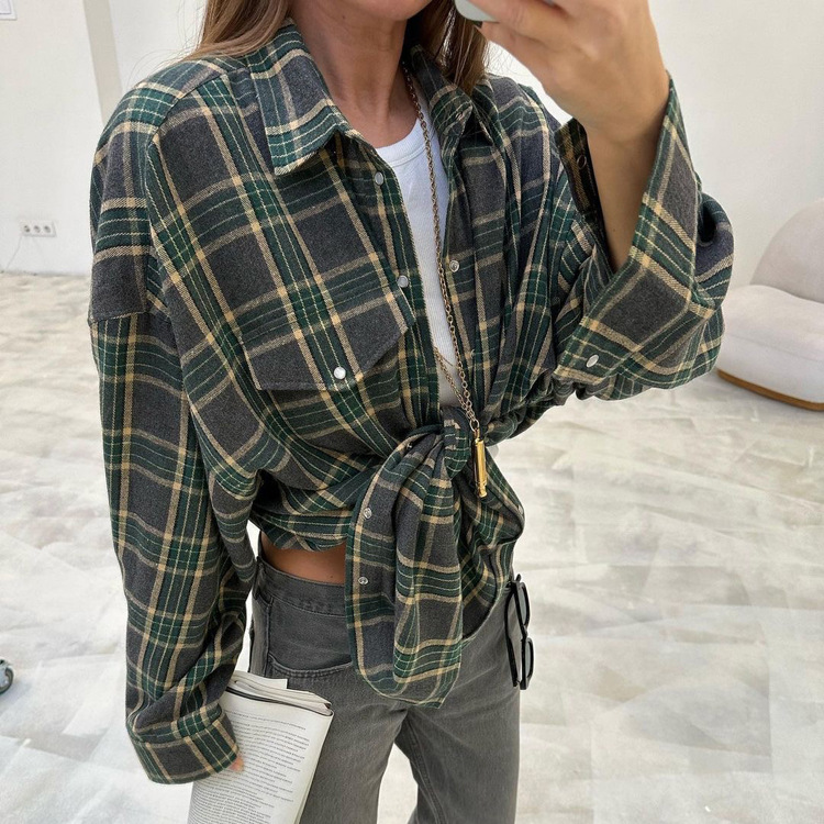 2024 Versatile Plaid Shirt Women's Retro rendy Plaid Outer L - 图1