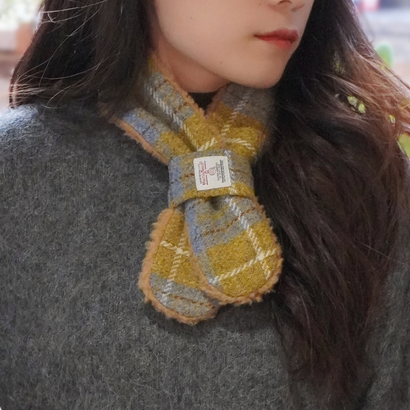 哈里斯羊毛呢交叉围脖女冬harris tweed毛绒短款格纹蝴蝶结小围巾