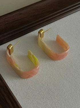 法式玳瑁风方形U 形耳环渐变树脂质感小众春夏显气质日常氛围耳饰