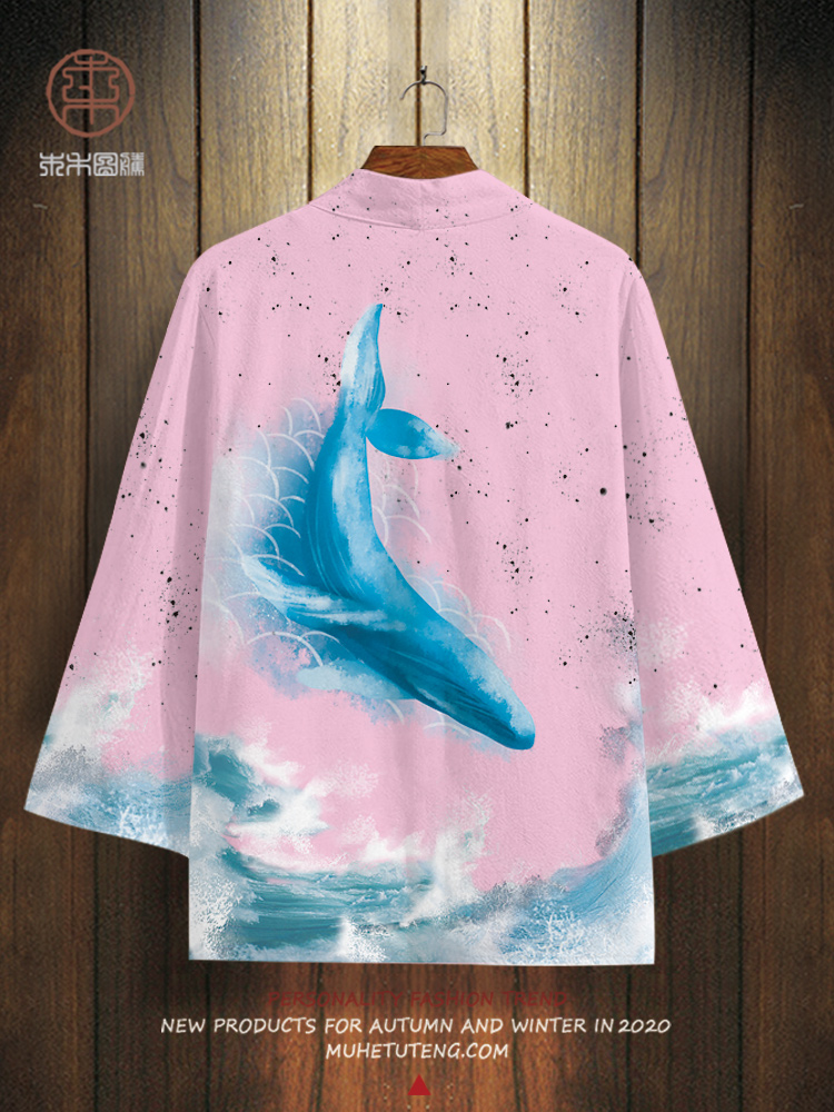 2021春季爆款衬衫男鲸鱼印花kimono道袍宽松休闲外套日式和服开衫-图1