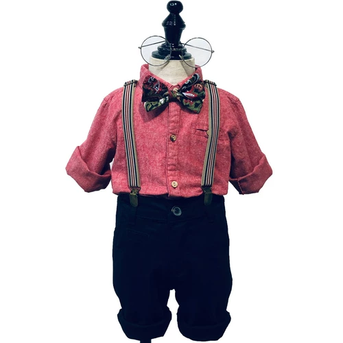 Детское красное платье, комплект, черная рубашка, подтяжки, штаны, костюм, осеннее, в западном стиле, наряд на выход