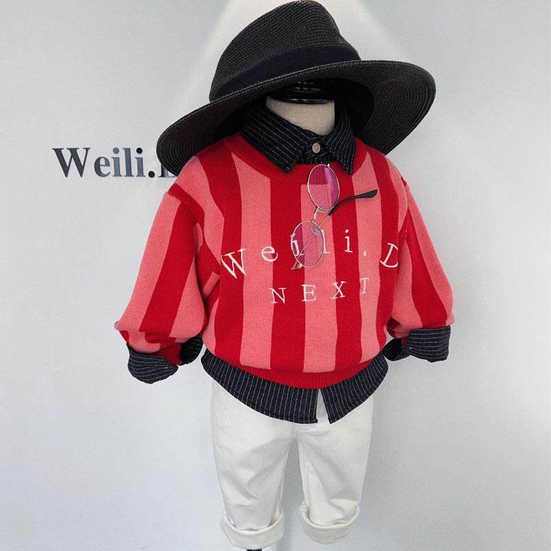 春秋男女童春节喜庆红色毛衣细毛线不起球圆领套头弹性条纹线衫,淘宝优惠券,粉丝福利购,淘宝优惠卷