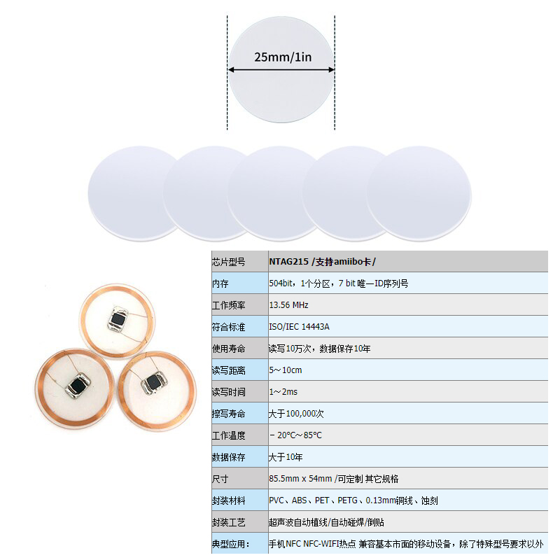 ntag215卡圆卡NFC215白卡自制amiibo钱币卡动森215卡tagmo贴纸 - 图0