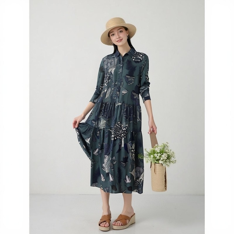 外贸纯元 法式复古印花长袖粘纤连衣裙前排扣衬衫中长裙出口女装 - 图3