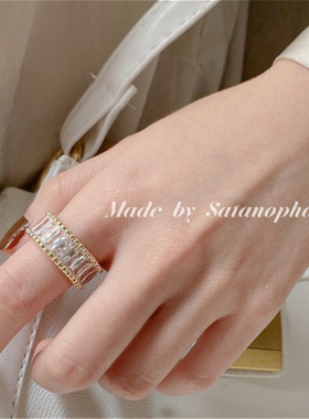 超闪彩虹色锆石欧美风开口宽戒指