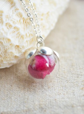 原创红玫瑰永生花纯银项链