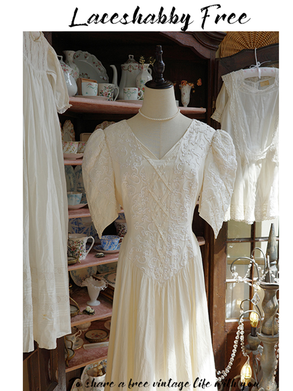 1920s左右手工布鲁塞尔线圈蕾丝珍珠礼服连衣裙古董婚纱-图2