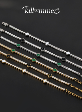 镶钻金色四叶草钛钢手链男女款