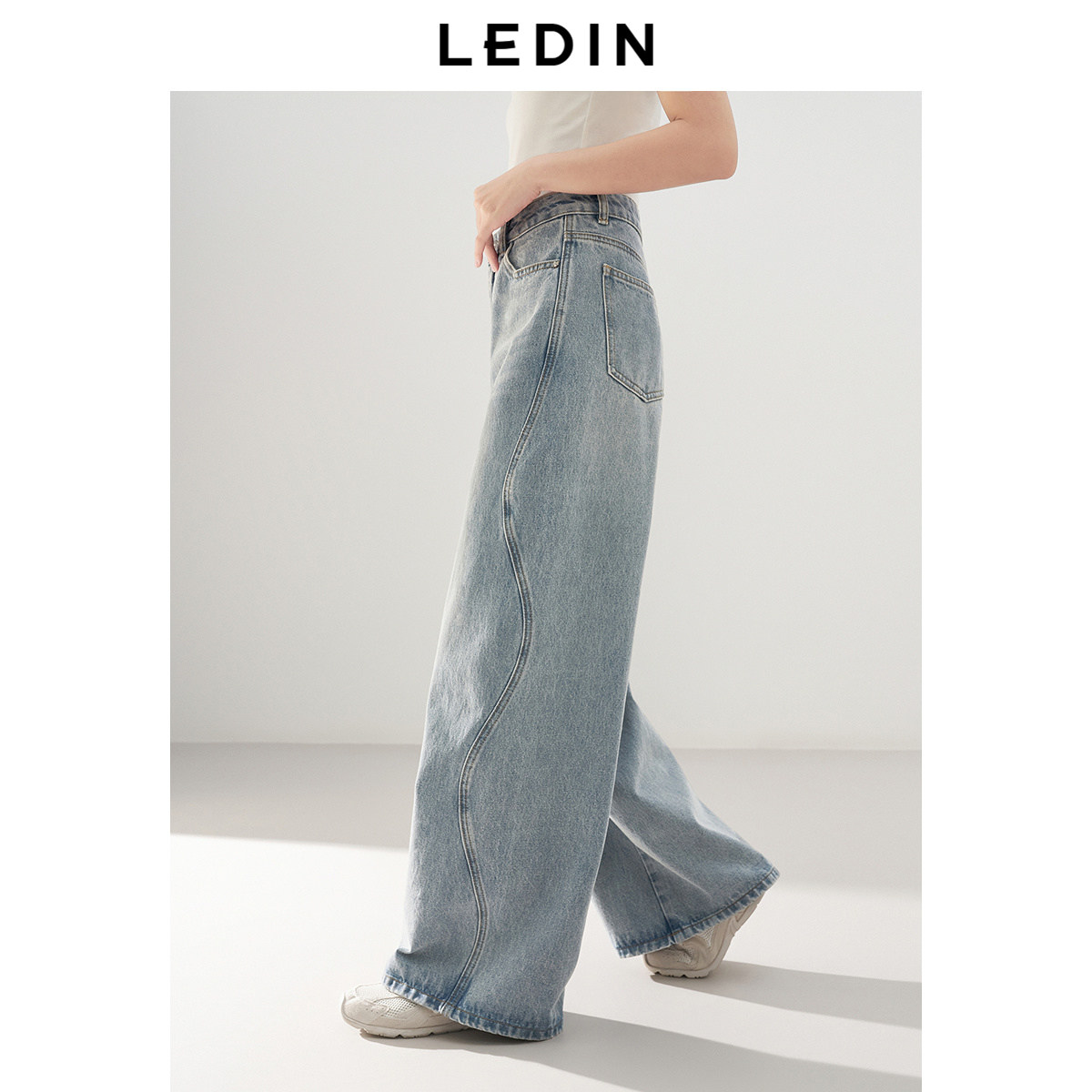 乐町全棉水洗牛仔阔腿裤2025秋季设计感韩系休闲百搭直筒高腰长裤