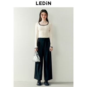 *乐町韩系少女风U领撞边针织衫2024春新款修身露锁骨方领长袖T恤