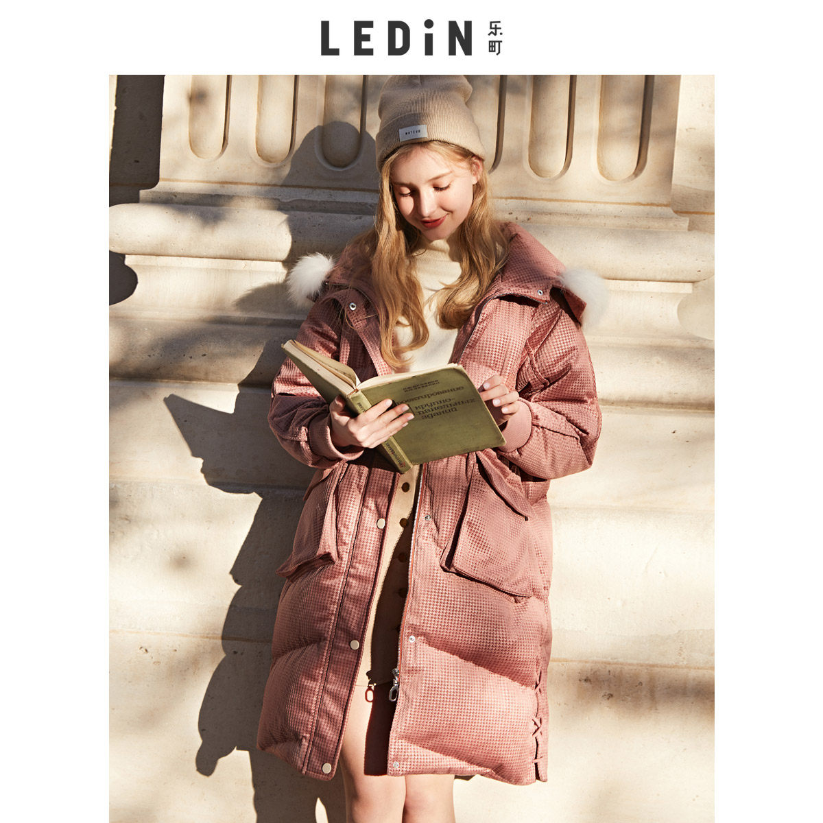 乐町灯芯绒气质绑带中长款羽绒服 乐町羽绒服