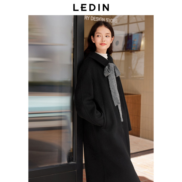 Leding college style pure wool double-sided woolen coat long winter lapel bow woolen coat*