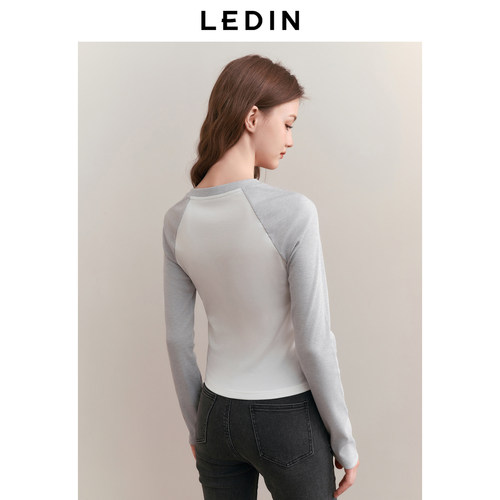 乐町插肩袖T恤女2025春季新款少女感撞色长袖上衣修身显瘦打底衫 - 图3