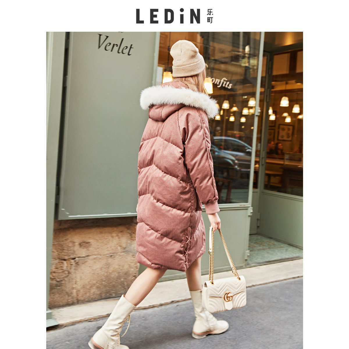 乐町灯芯绒气质绑带中长款羽绒服 乐町羽绒服