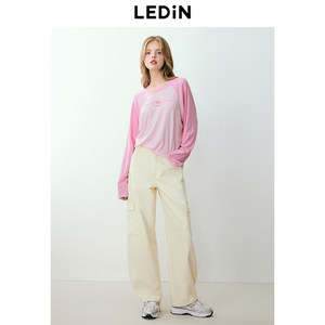 乐町甜美少女感撞色插肩长袖T恤2024早春新款宽松舒适内搭打底衫