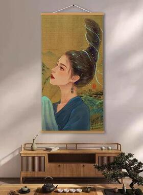 现代中式装饰画竹子印花卷帘挂画走廊客厅画茶室玄关挂画印花竹帘