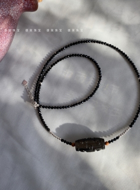 天然黑尖晶石项链银曜石天珠颈链
