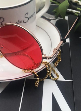 ins黄明昊同款墨镜链条眼镜男圆形复古太子镜太阳镜韩版潮带链子