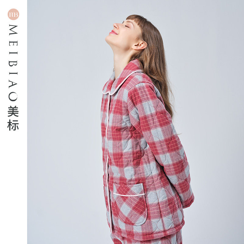 美标三层夹棉加厚保暖纯棉睡衣两件套装女秋冬全棉休闲格子家居服,淘宝优惠券,粉丝福利购,淘宝优惠卷