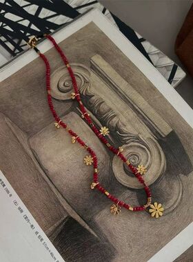 红色水晶串珠手链多吊坠雏菊花朵金球吊坠复古感