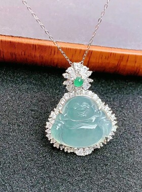 直播货源 天然危料翡翠蓝水弥勒佛公S925银镶嵌笑佛玉石吊坠挂件