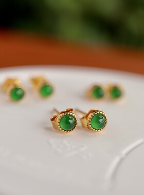 天然翡翠耳钉A货冰阳绿辣