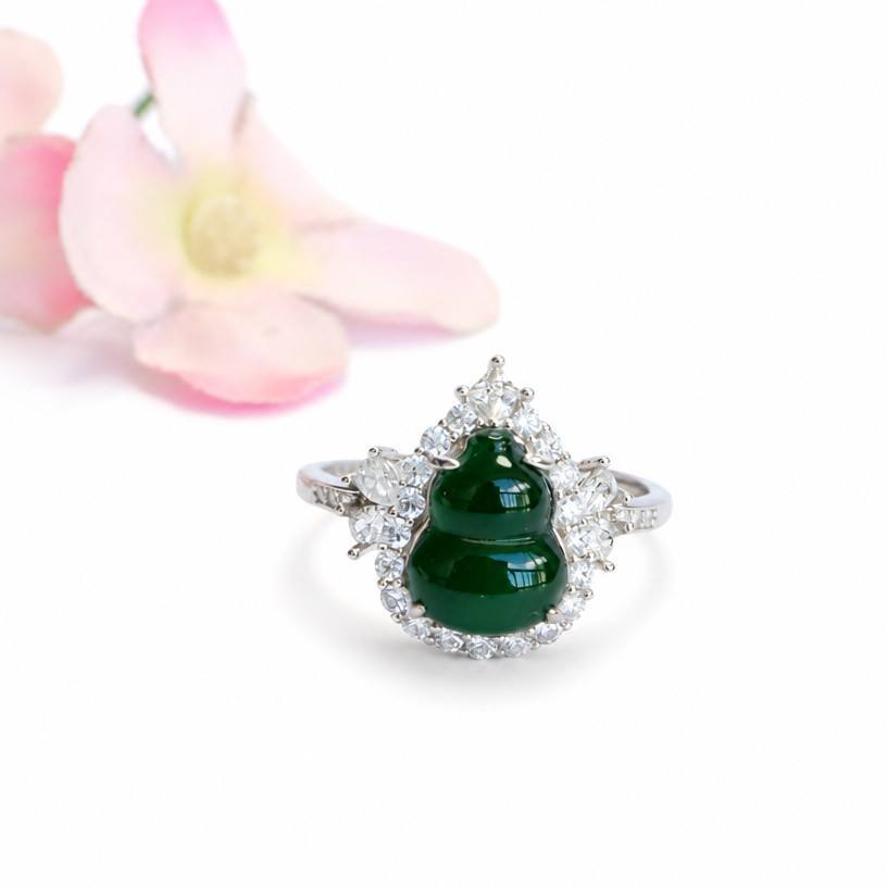 Guan Yu S925 silver inlaid with natural A grade jade ring gourd women's ring full of green jade jewelry S6082704