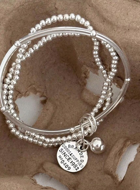 三层多圈圆牌手串韩国S925纯银ins风弯管弹力绳银珠弹力绳手链女