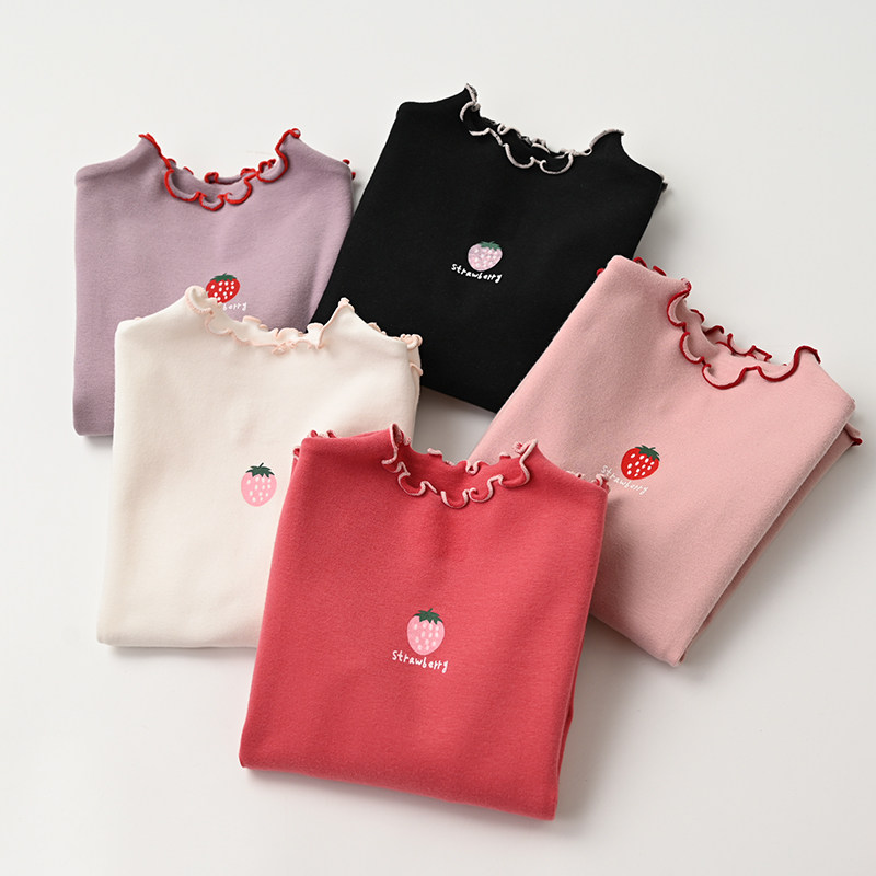 可爱草莓公主卷边半高领 女童弹力打底衫中大童纯棉长袖T恤 童装,淘宝优惠券,粉丝福利购,淘宝优惠卷