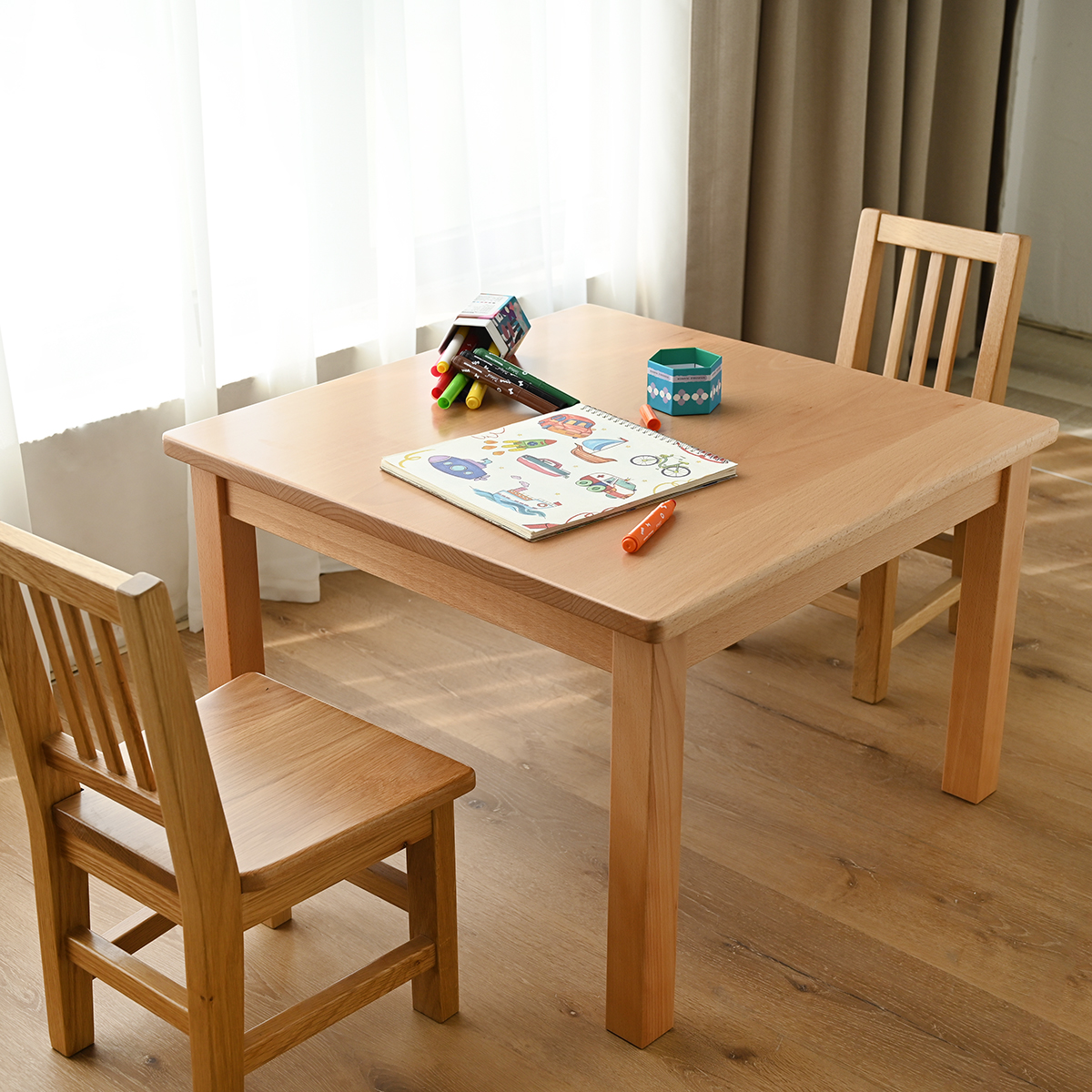 Beech small square table, chair, dining table and small bench