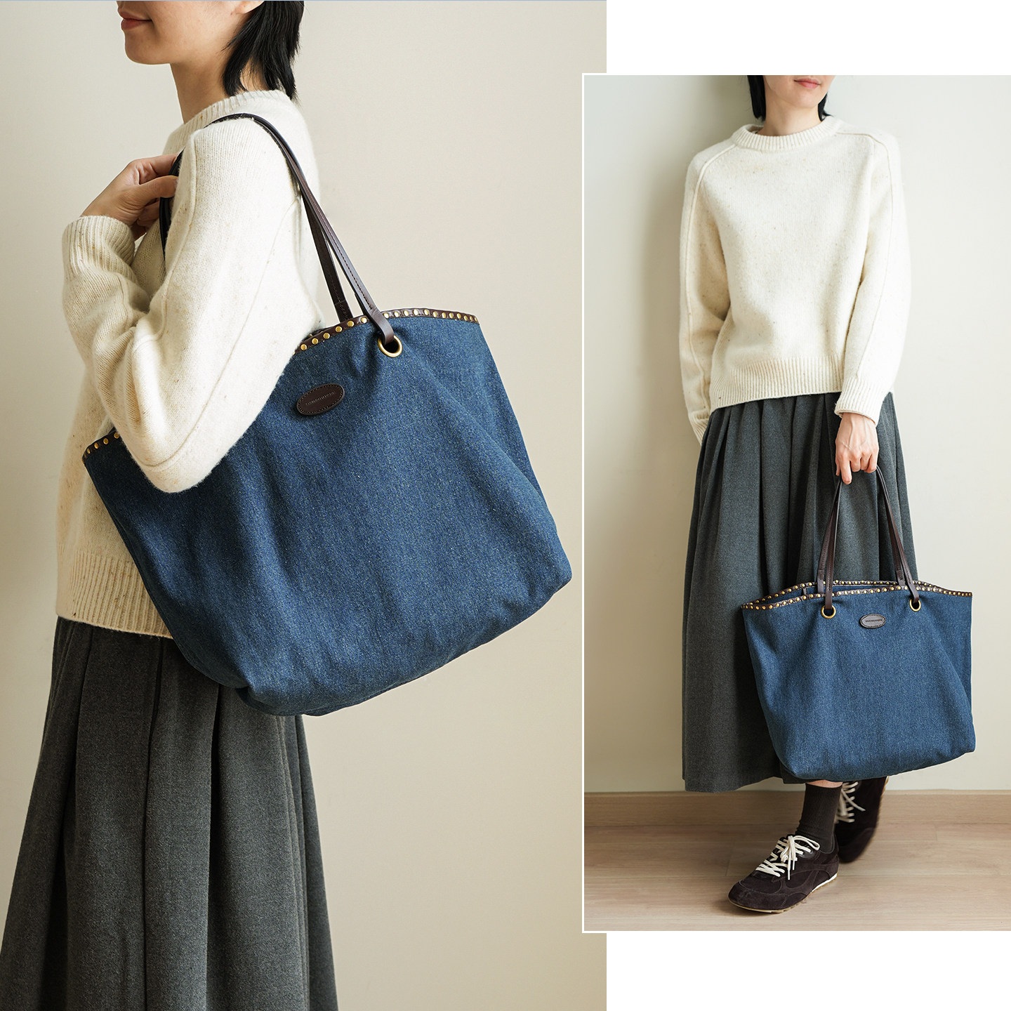 复古铆钉牛仔帆布包 大容量通勤手提单肩包 休闲托特包女包k,淘宝优惠券,粉丝福利购,淘宝优惠卷