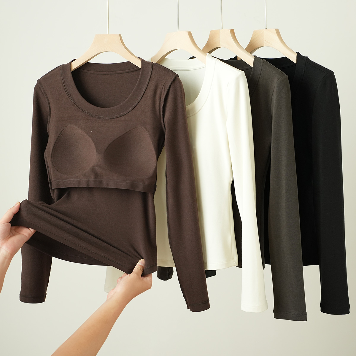 软暖柔 免穿文胸 兰精天丝+羊毛女士BRA打底衫薄绒T恤春秋款女装 - 图0