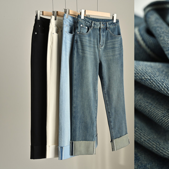 ແມ່ຍິງມ້ວນ hem ທໍ່ຢາສູບ jeans cropped pants