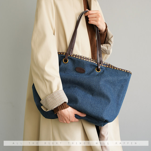 Retro rivet denim canvas bag ຖົງບ່າທີ່ມີຄວາມສາມາດຂະຫນາດໃຫຍ່